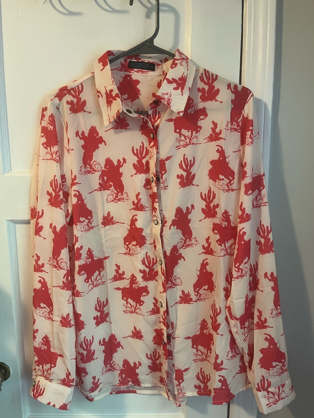 Button-Down Shirt in Red Print on Cream - Women's Long Sleeve